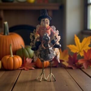 Pilgrim Boy Riding Turkey Resin & Metal 12" tall Rustic Distressed